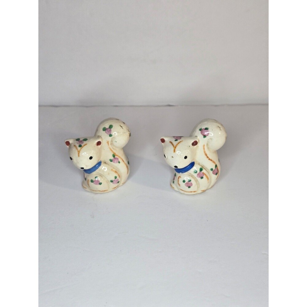 Vintage Japan Squirrel Floral Pink Rose Blue Collar Salt Pepper Shakers